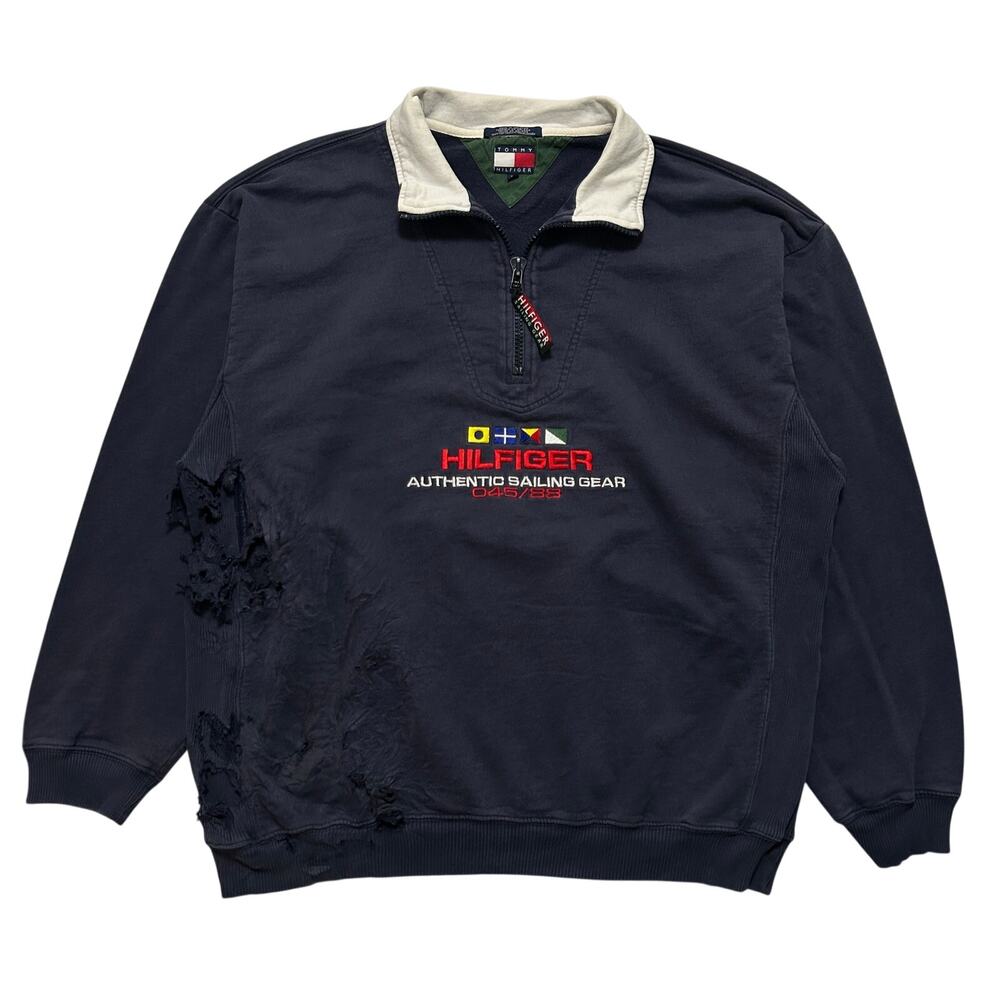 VTG 90’s Tommy Hilfiger Distressed Quarter Zip Sweatshirt Men’s XL Navy